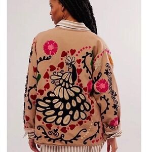 Sissel Edelbo Suzani Jasmin Embroidered Peacock Canvas Blanket Jacket Tan O/S‎